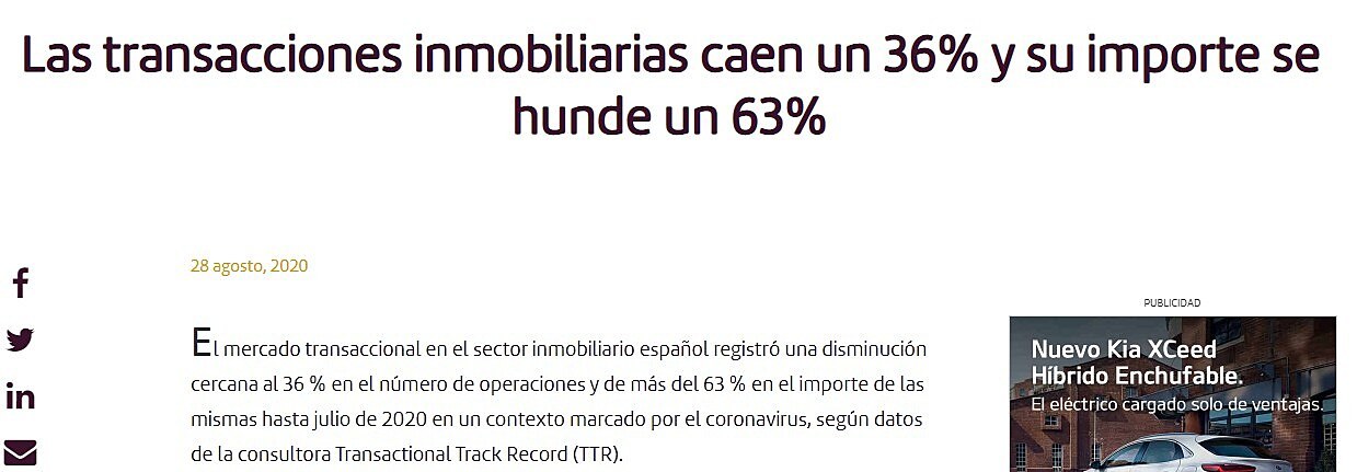 Las transacciones inmobiliarias caen un 36% y su importe se hunde un 63%